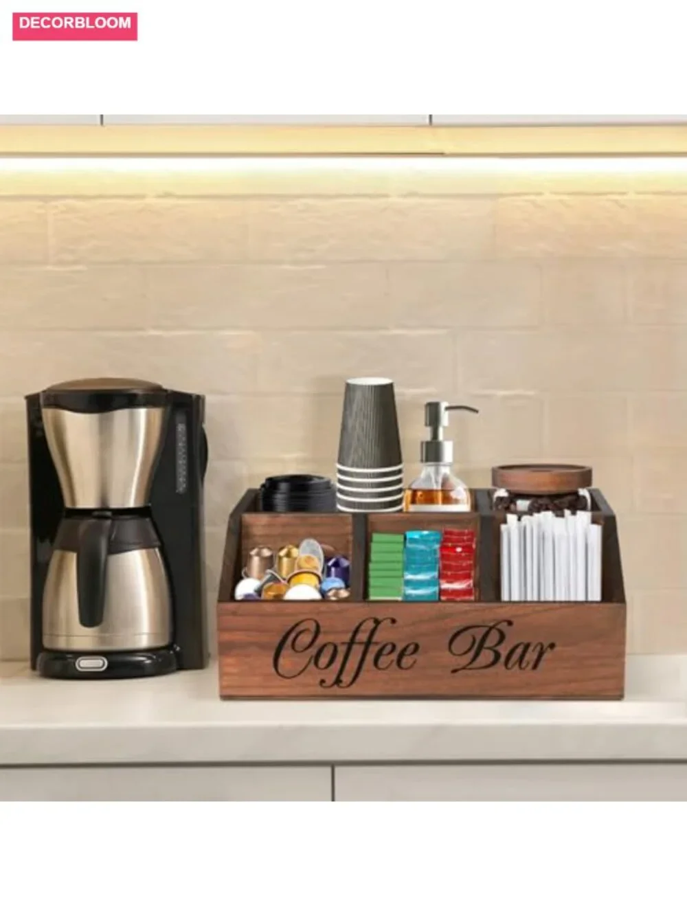 Coffee Station Organizer, Wood Countertop Storage Basket for Pods & Cups